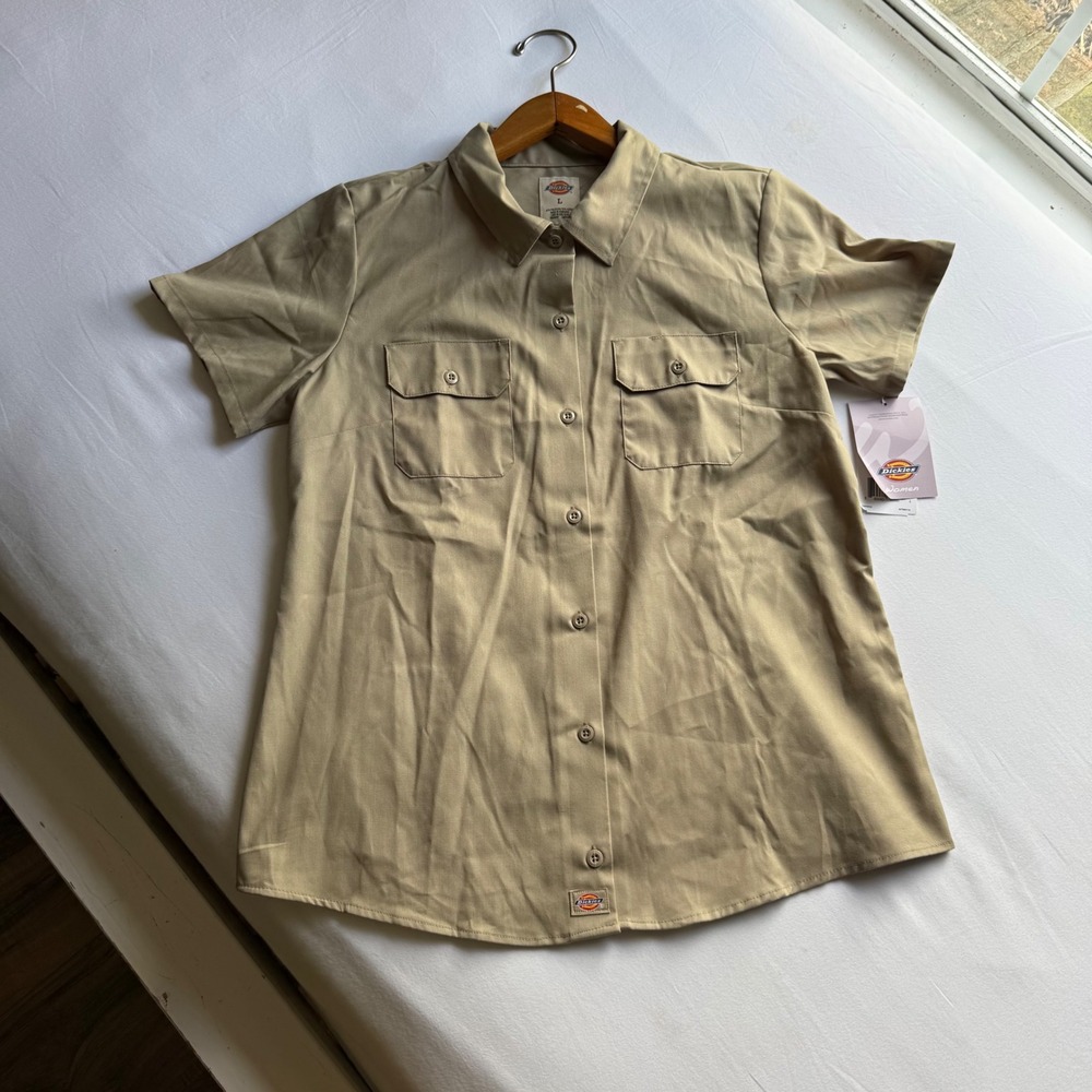 Dickies Women 574F Original Fit Work Shirt Khaki Tan Short Sleeve Large FS574FDS